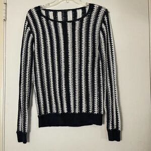 THEORY navy white crochet knit linen blend sweater size Small